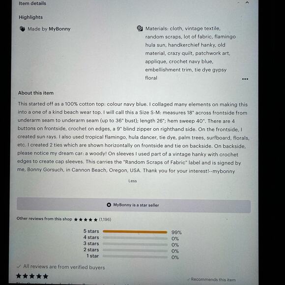 ONE OF A KIND Bonny Gorsuch MyBonny (Etsy) Tunic ‘Flirty Beach Chic Chick’ - Picture 6 of 6